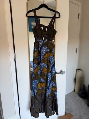 Tie-Front Maxi Dress in Olive with Blue & Mustard Print